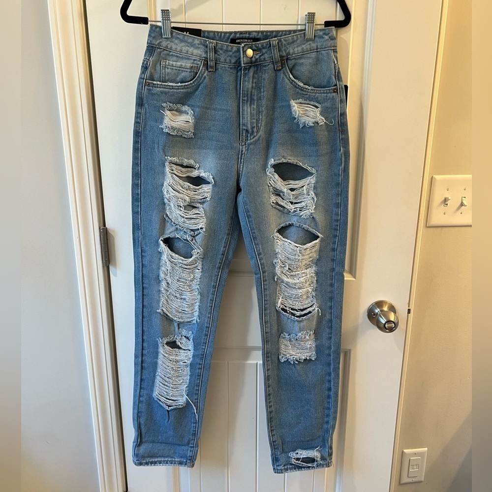 American Bazi Distressed Boyfriend Jeans‎ Hollywood Graffiti Blue Denim NWT Sz M